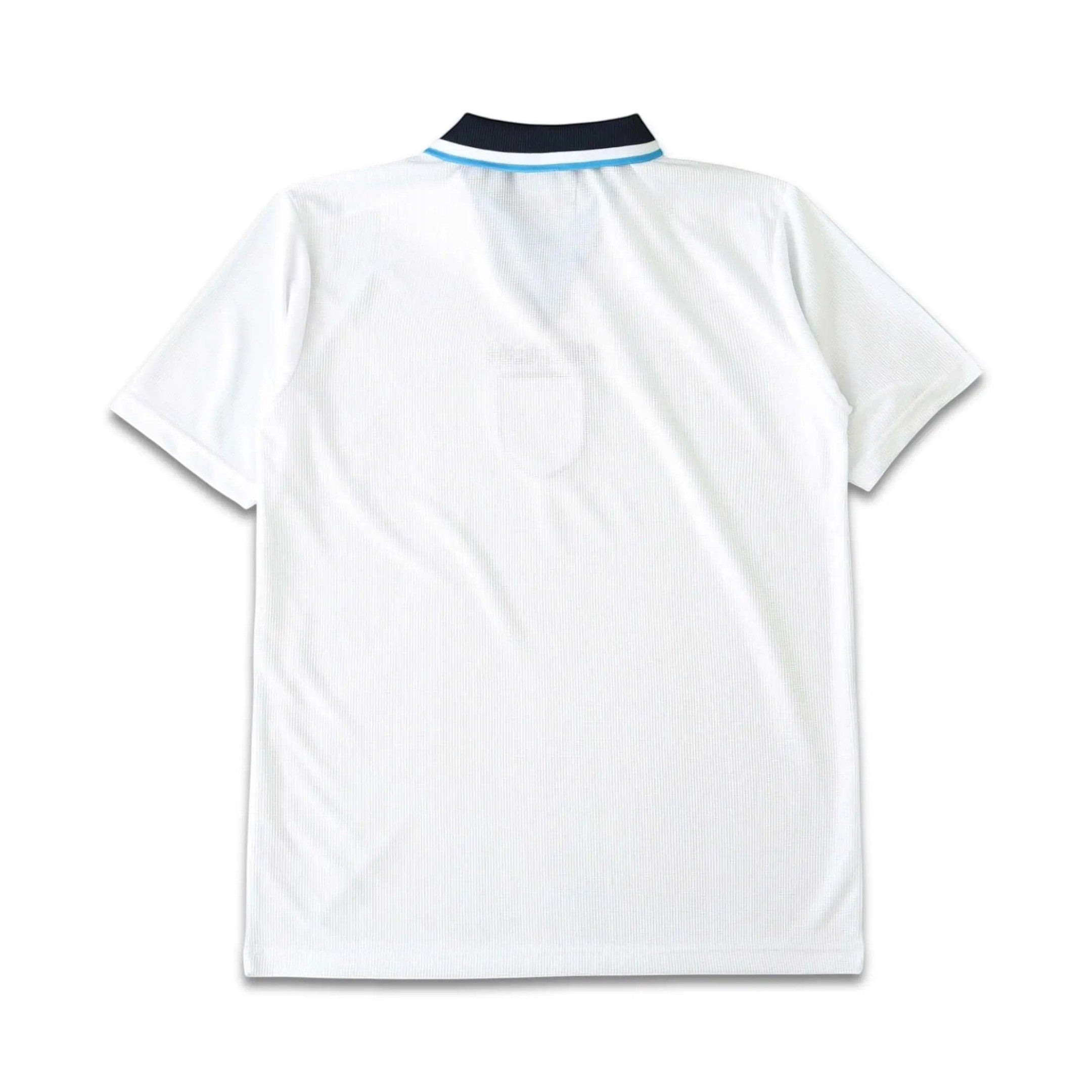 Back view of the Elite Retro Kits England 1996 home football shirt in white with a navy and blue striped collar.