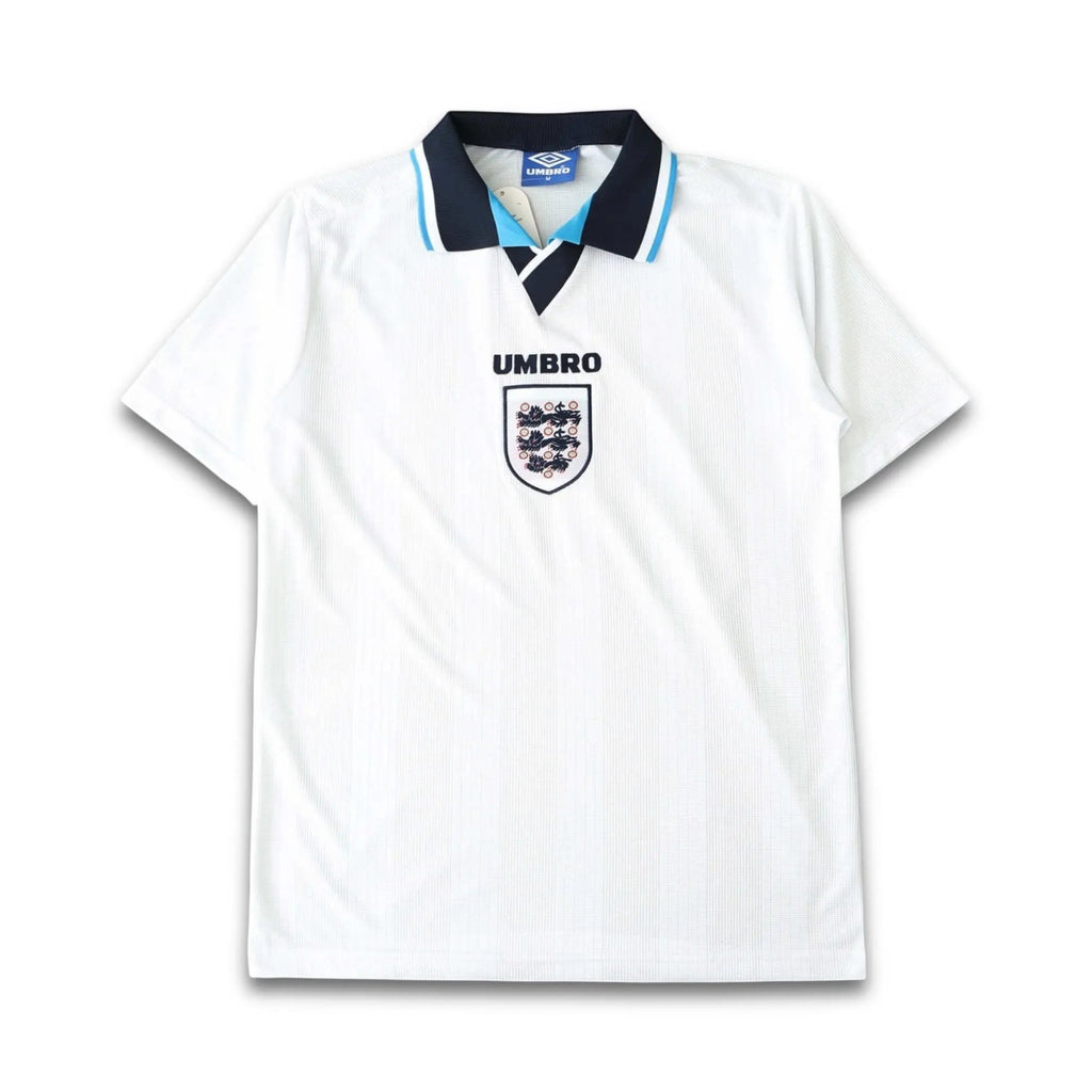 Elite Retro Kits England 1996 home football shirt in white with navy and red collar detailing and Umbro branding.