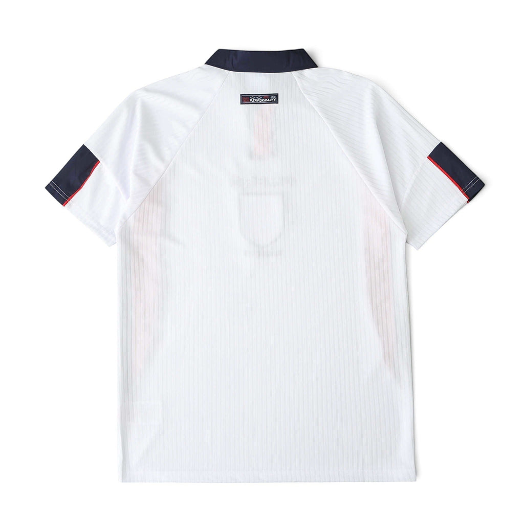 Back view of the Elite Retro Kits England 1998 home football shirt in white with navy and red sleeve detailing.
