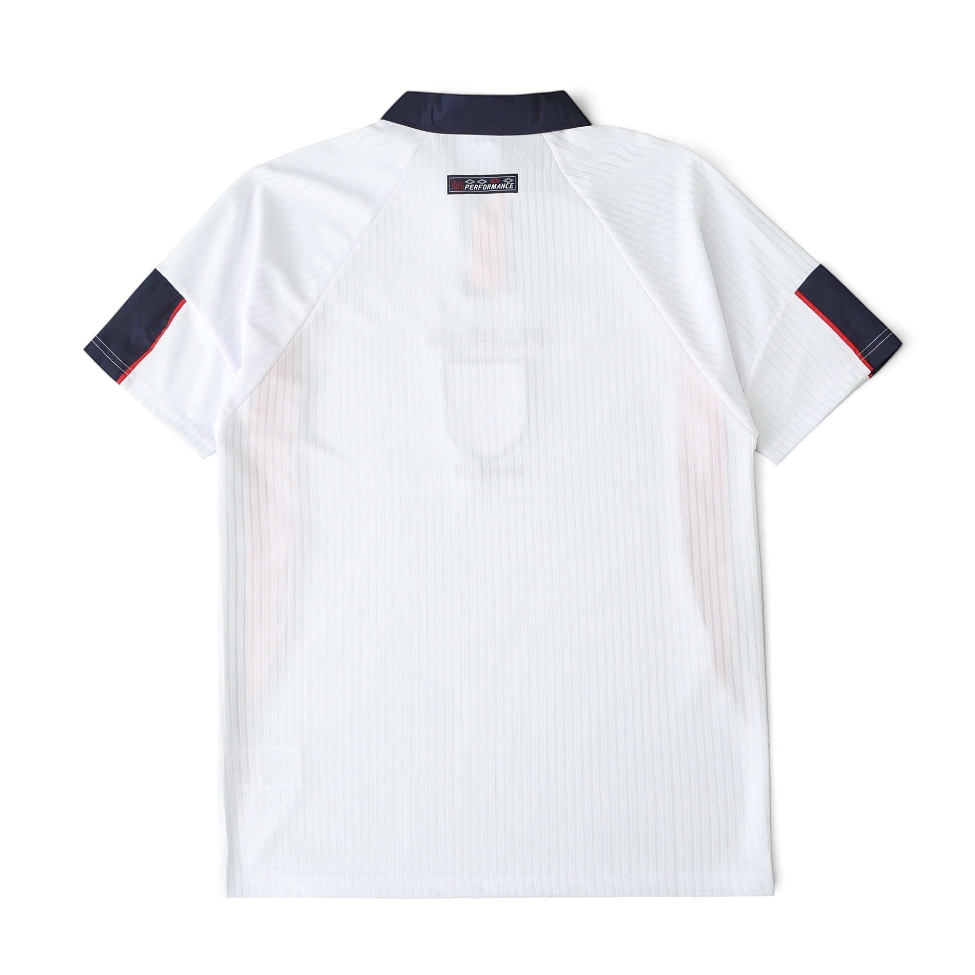 Back view of the Elite Retro Kits England 1998 home football shirt in white with navy and red sleeve detailing.