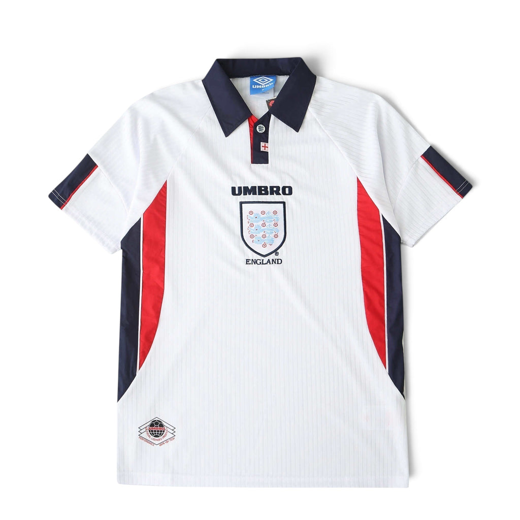 Elite Retro Kits England 1998 home football shirt in white with navy collar and red and navy side panels.