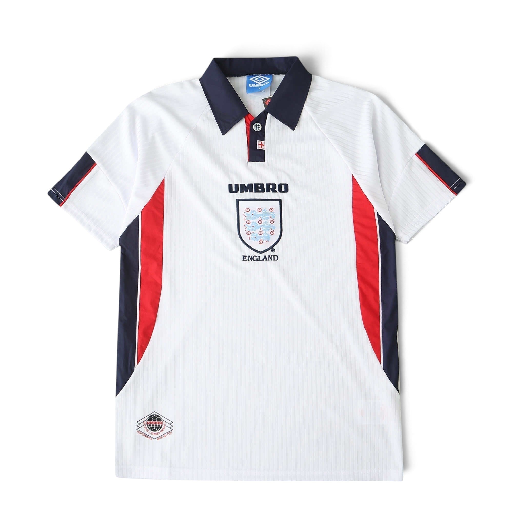 Elite Retro Kits England 1998 home football shirt in white with navy collar and red and navy side panels.