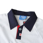 Elite Retro Kits England 1998 home football shirt featuring a navy collar, red placket, and Umbro branding.