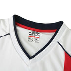 Elite Retro Kits England 2001-03 home shirt featuring a white V-neck collar with navy and red trim and Umbro logo