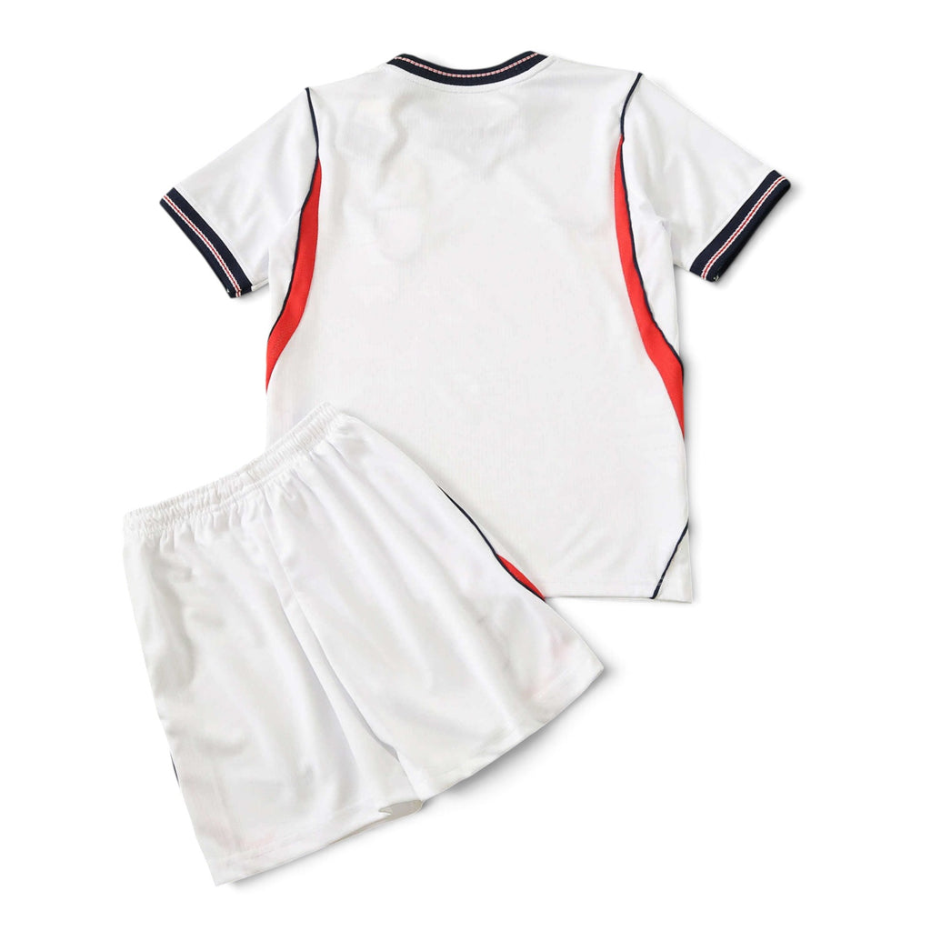 Elite Retro Kits England 2026 World Cup kids home kit in white with red and navy side panel details