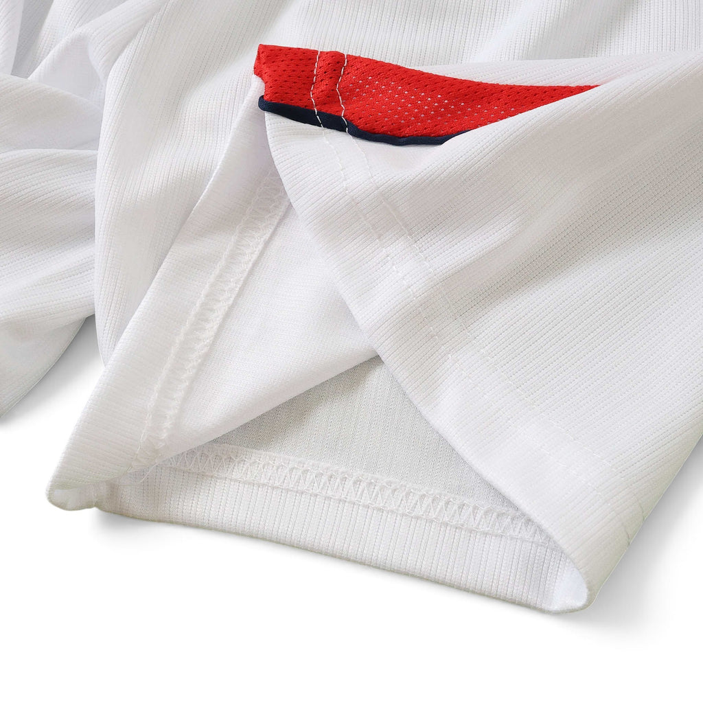 Elite Retro Kits England 2026 kids home football shirt sleeve detail featuring white fabric and red trim