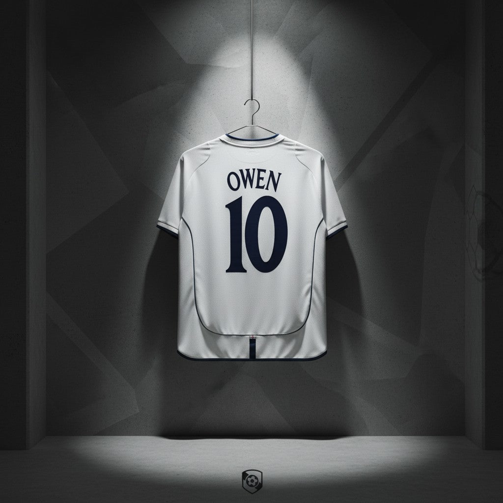 Elite Retro Kits England 2001-03 home football shirt with Owen 10 on the back, white with navy blue detailing.