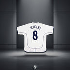 Elite Retro Kits England 2001-03 home football shirt, white with navy blue Scholes 8 lettering on the back.