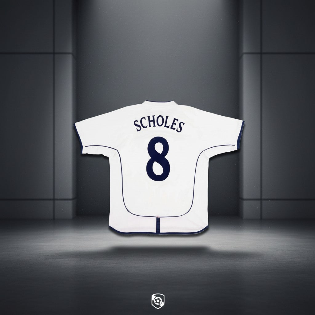 Elite Retro Kits England 2001-03 home football shirt, white with navy blue Scholes 8 lettering on the back.
