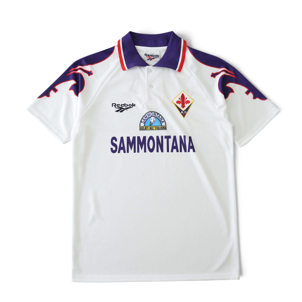 Elite Retro Kits Fiorentina 1995/96 away football shirt in white with purple accents and Sammontana sponsor logo.