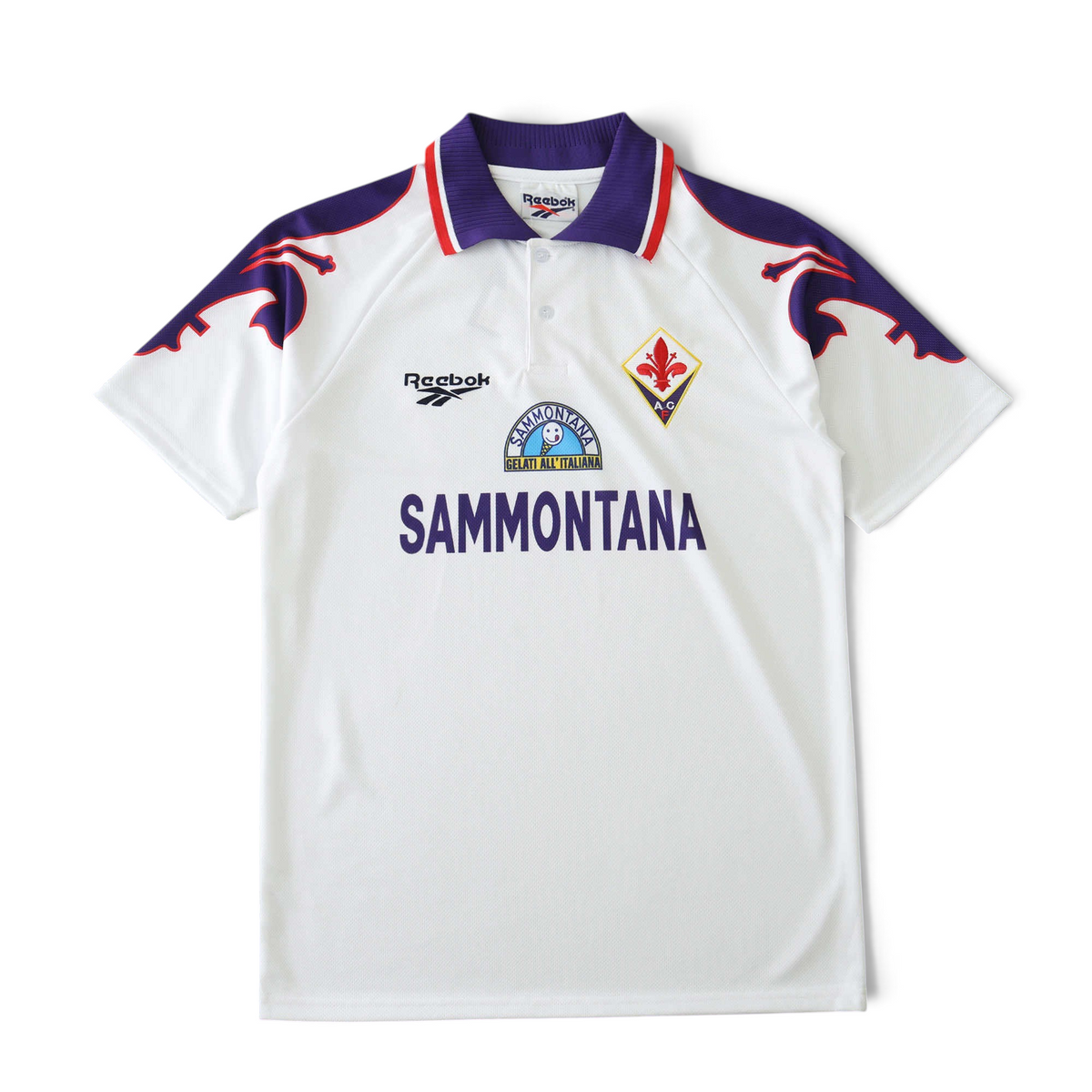 Elite Retro Kits Fiorentina 1995/96 away football shirt in white with purple accents and Sammontana sponsor logo.