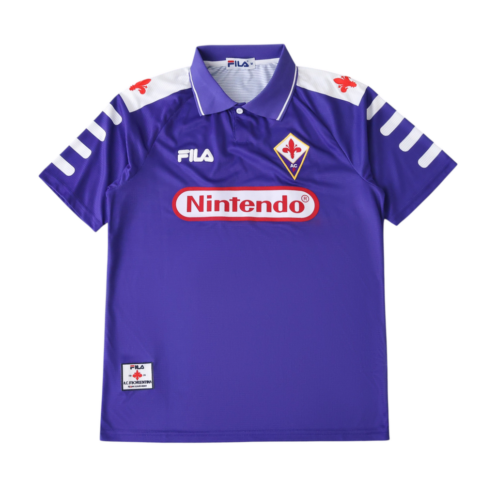 Elite Retro Kits 1998/99 Fiorentina home shirt in iconic purple with white collar, Fila branding, and Nintendo sponsor.