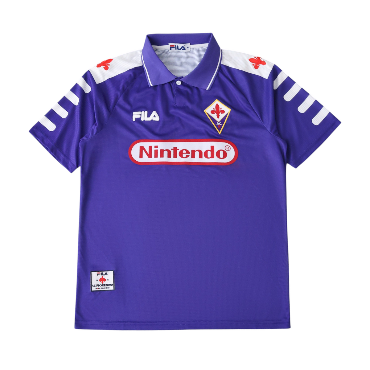 Elite Retro Kits 1998/99 Fiorentina home shirt in iconic purple with white collar, Fila branding, and Nintendo sponsor.