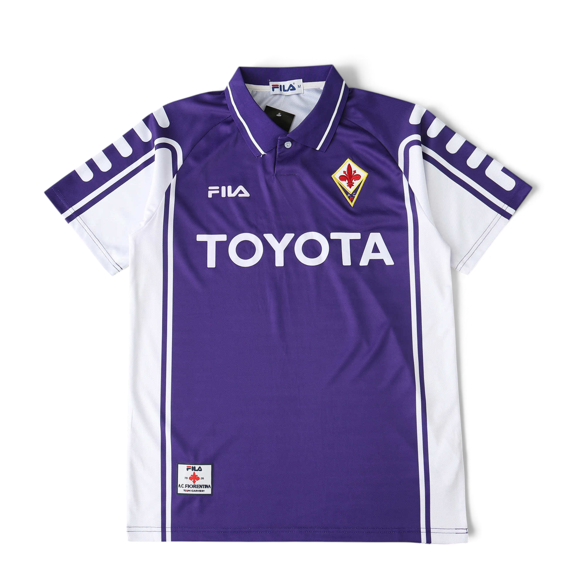 Elite Retro Kits Fiorentina 1999/00 home football shirt in purple with white accents, collar, and Toyota sponsor logo.