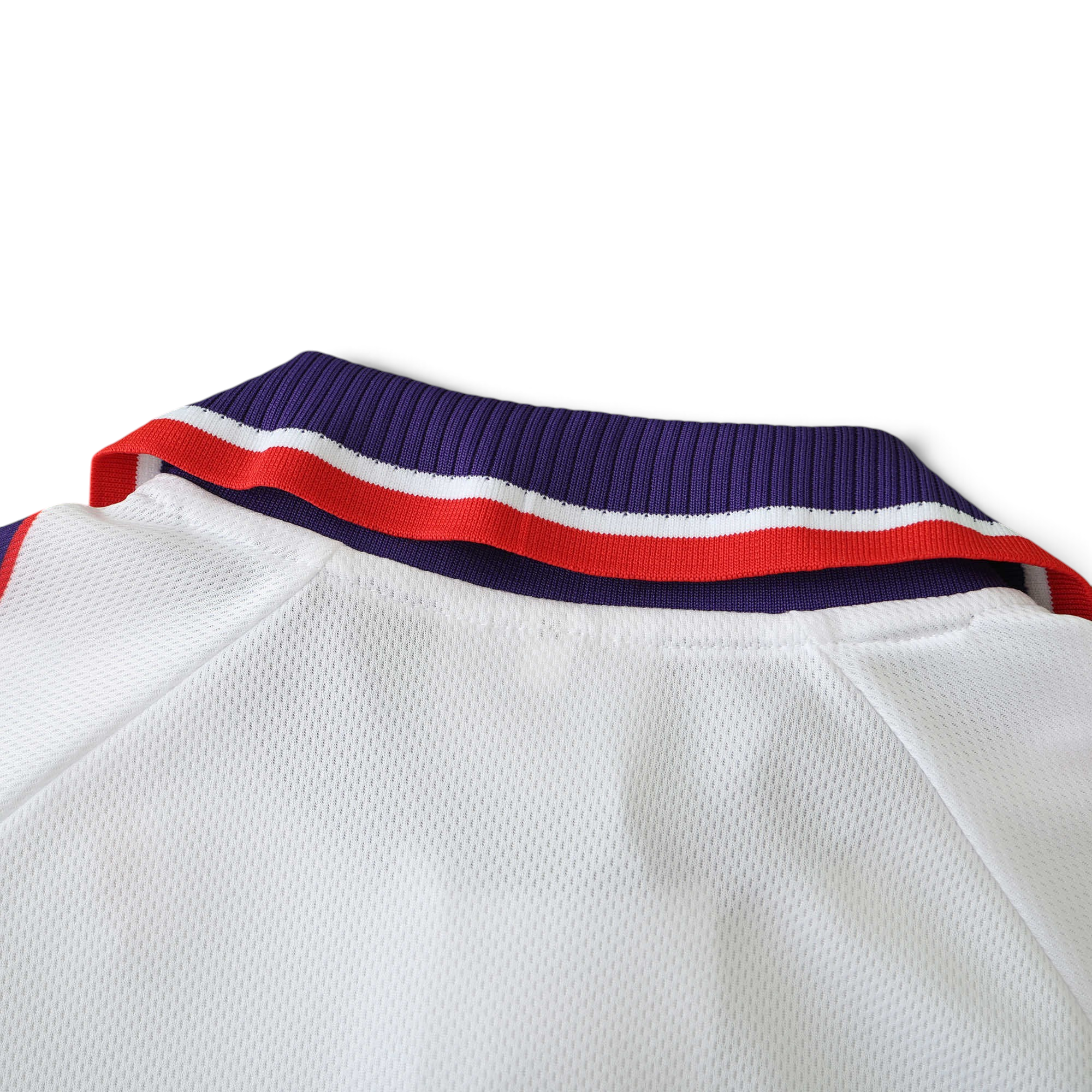 Elite Retro Kits Fiorentina 1995/96 away shirt collar featuring white mesh fabric with purple, white, and red trim.