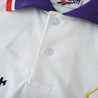 Elite Retro Kits Fiorentina 1995/96 away jersey featuring a white textured fabric, purple collar, and button placket.