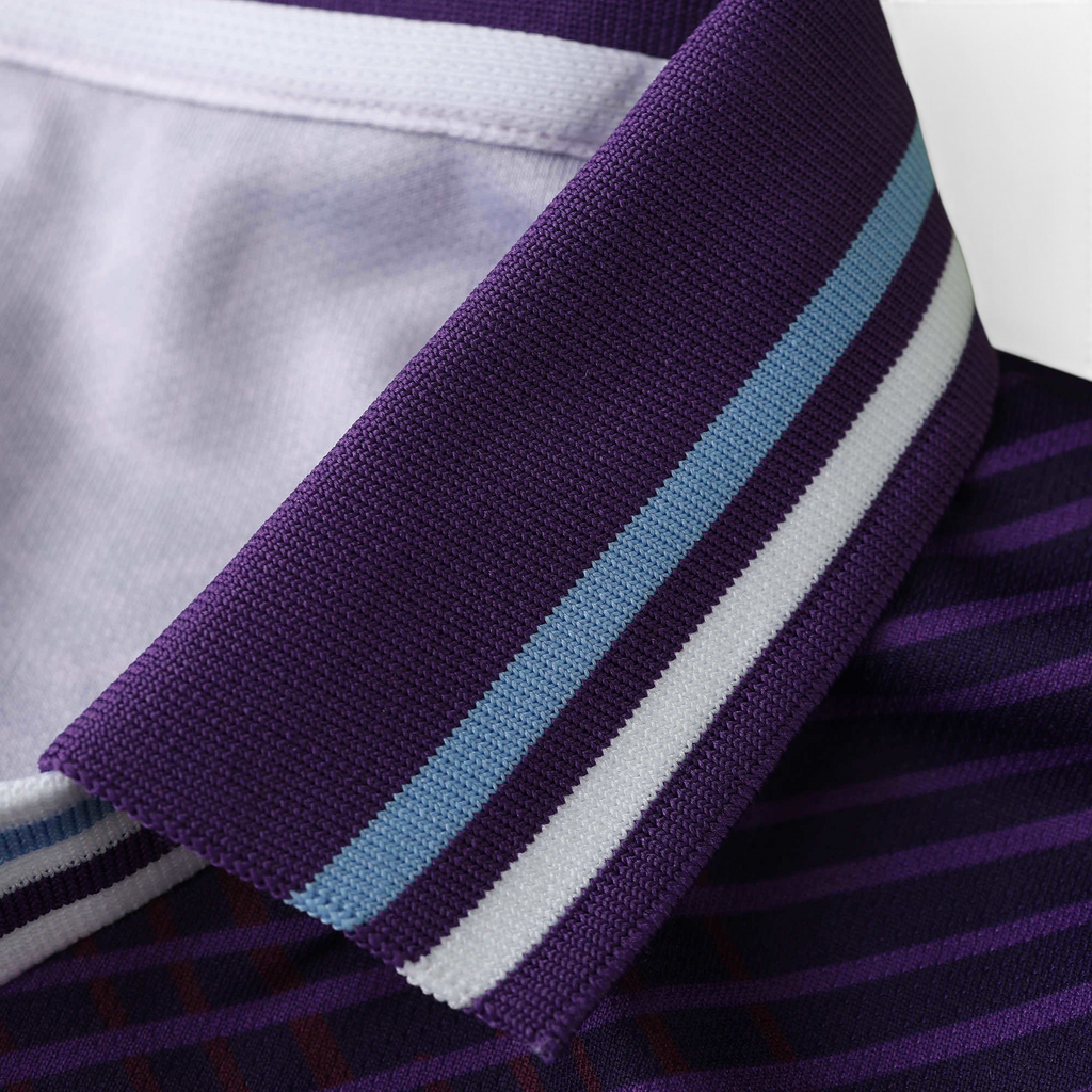 Elite Retro Kits Fiorentina 1991-93 home shirt collar detail featuring purple fabric with white and light blue stripes
