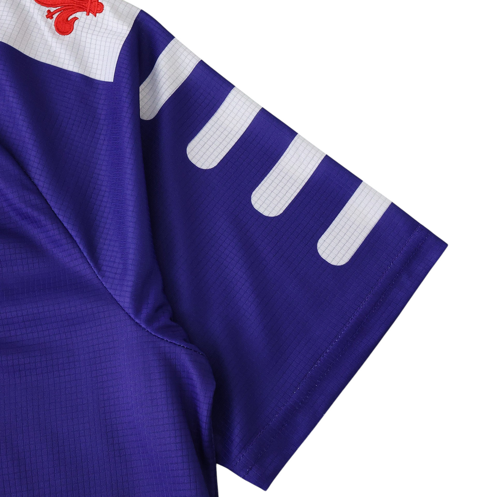 Elite Retro Kits Fiorentina 1998/99 home shirt sleeve detail in iconic purple with white trim and red giglio crest