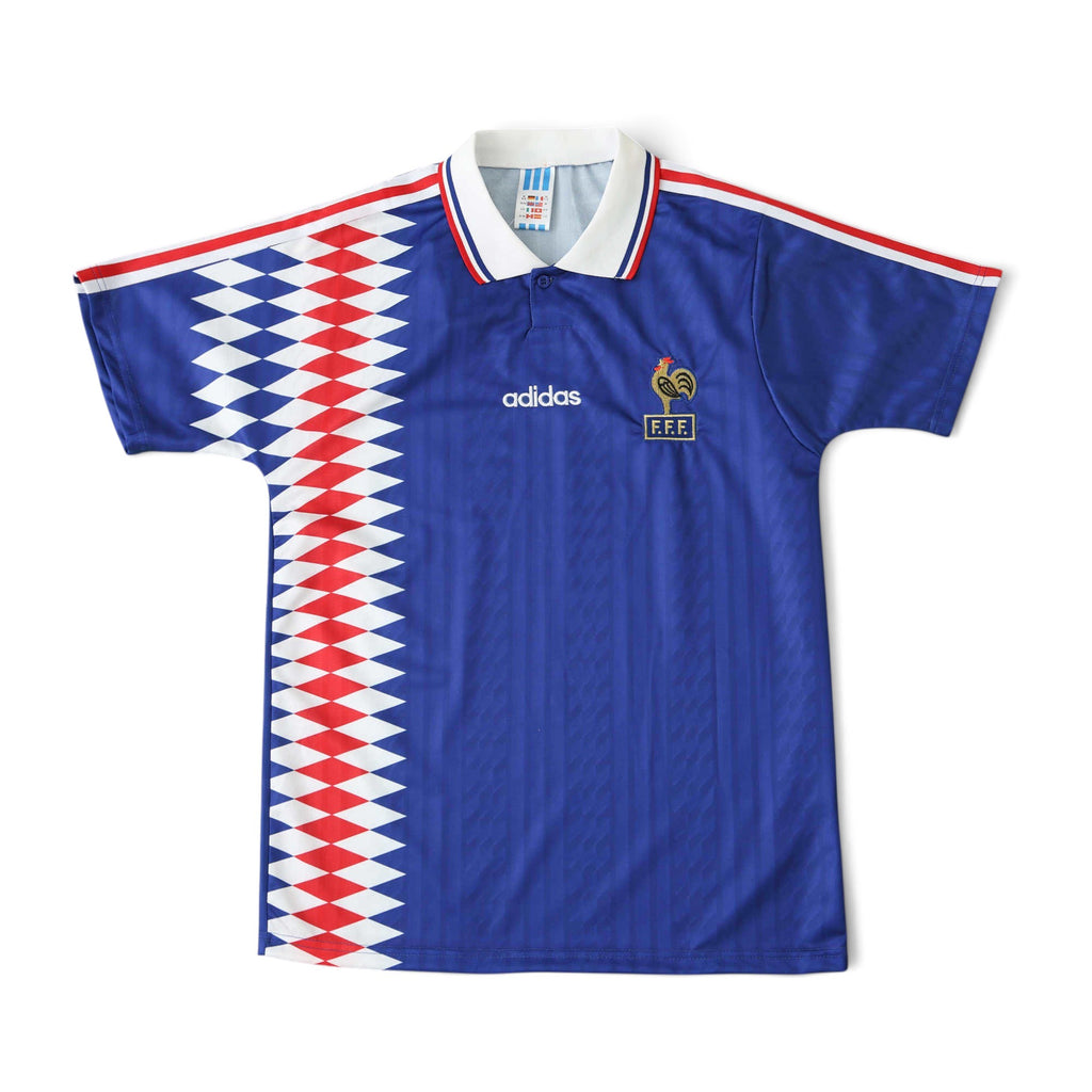 Elite Retro Kits France 1994 home football shirt in deep blue with red and white diamond pattern and cockerel crest