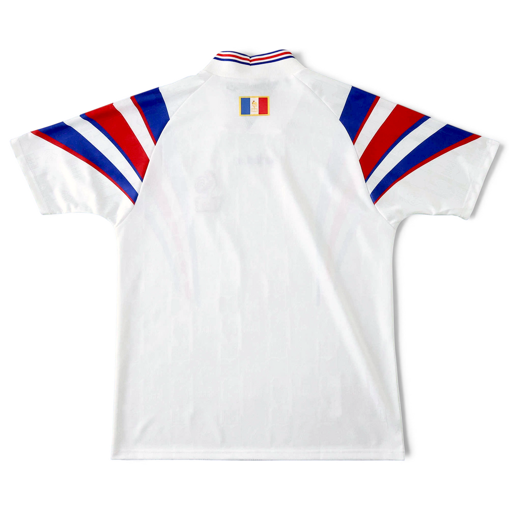 Back view of Elite Retro Kits France 1996 away football shirt in white with red, white, and blue sleeve detailing.
