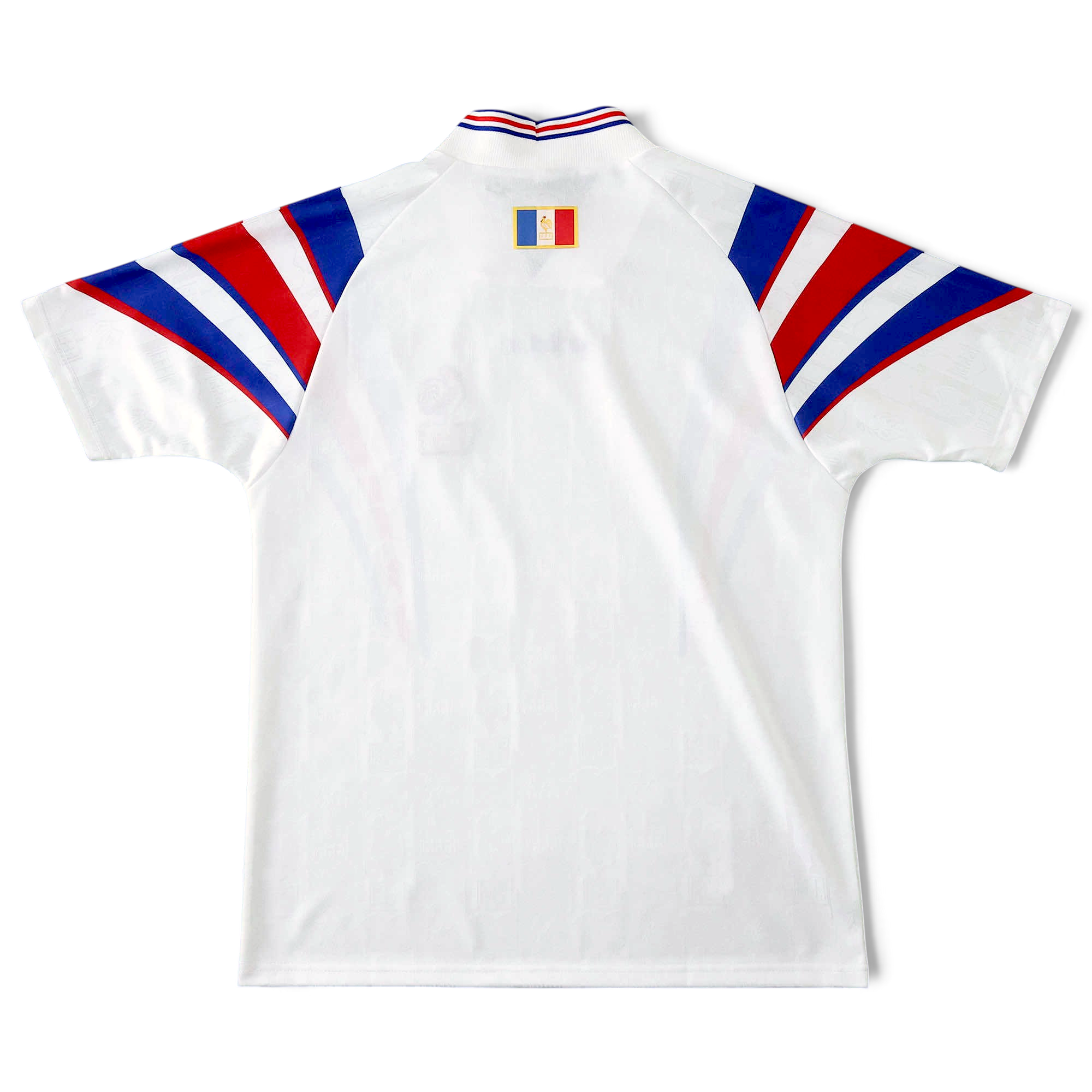 Back view of Elite Retro Kits France 1996 away football shirt in white with red, white, and blue sleeve detailing.