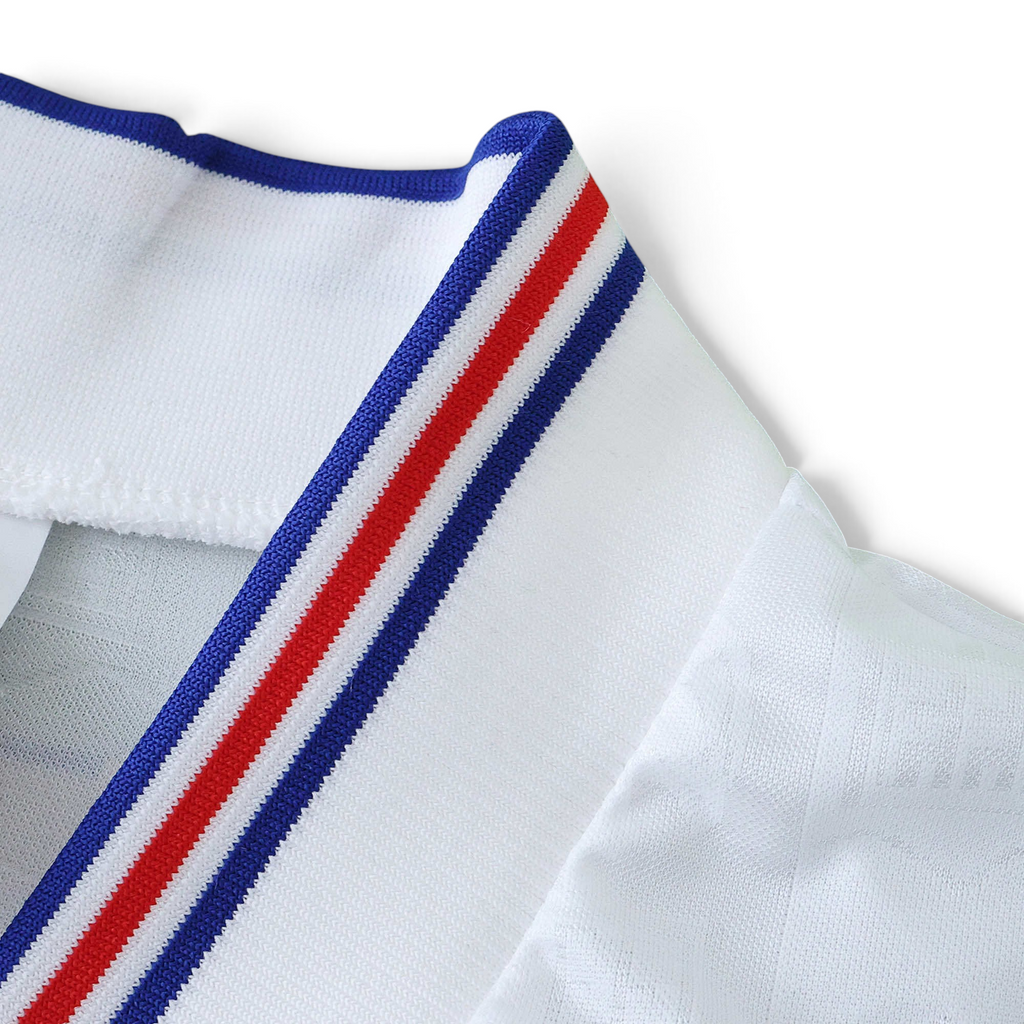Elite Retro Kits France 1996 away football shirt collar with white, blue, and red striped trim detail
