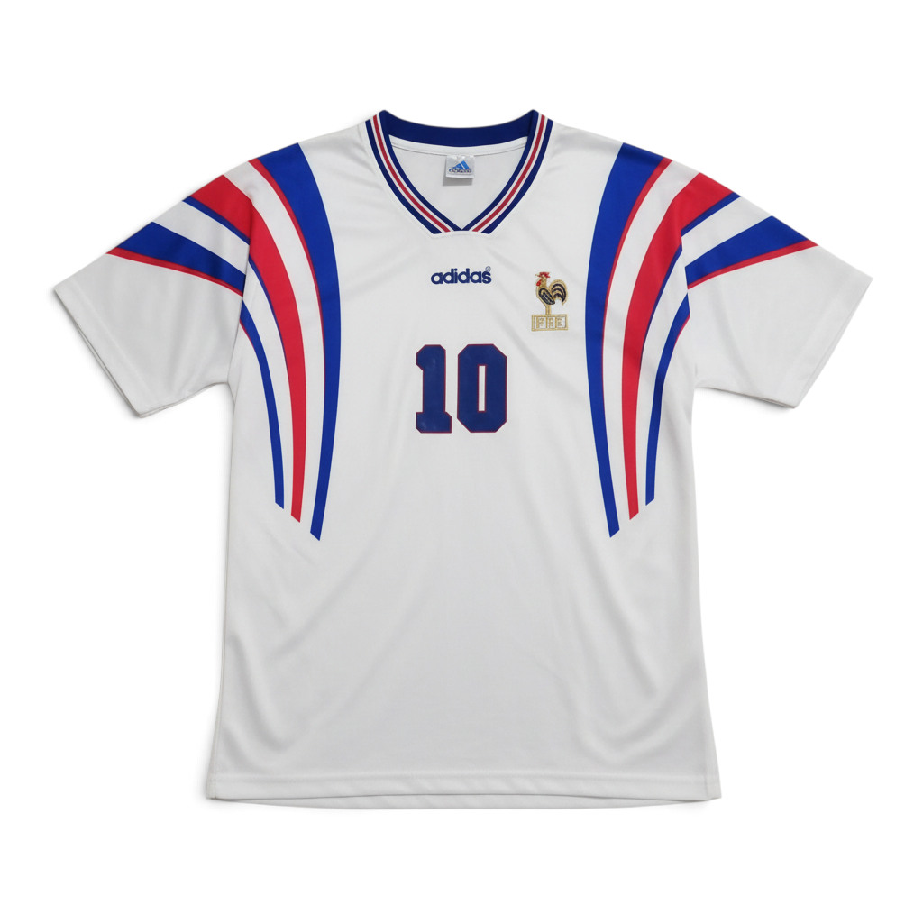 Elite Retro Kits France 1996 away football shirt in white with blue and red shoulder stripes and number 10 print