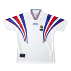 Elite Retro Kits France 1996 away football shirt in white with red and blue shoulder stripes and cockerel crest
