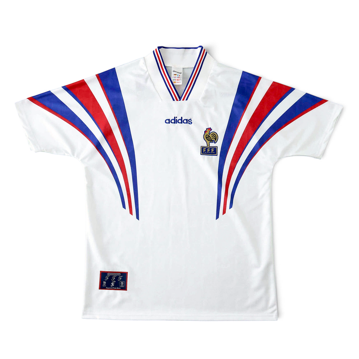 Elite Retro Kits France 1996 away football shirt in white with red and blue shoulder stripes and cockerel crest