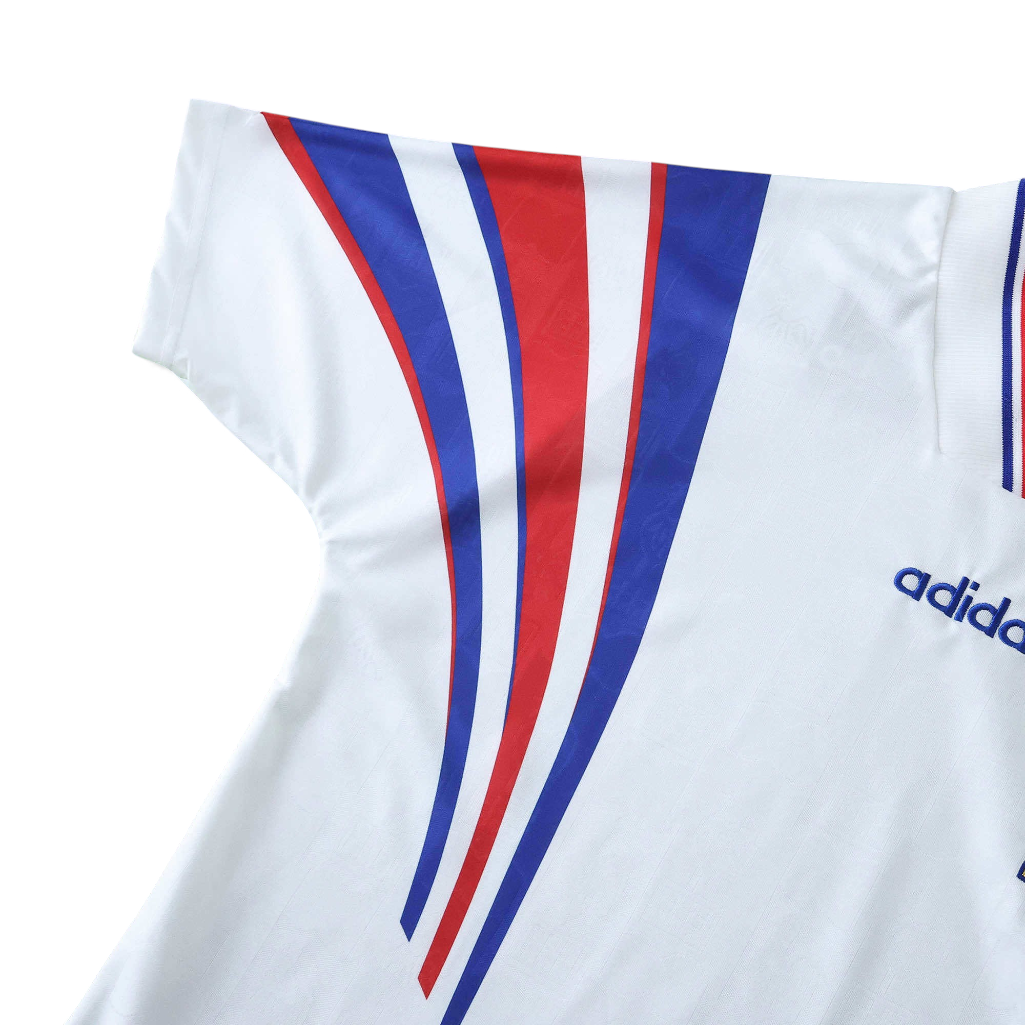 Elite Retro Kits France 1996 away football shirt in white with red and blue curved shoulder stripes