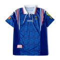 Elite Retro Kits France 1996 home football shirt in blue with tricolore sleeve stripes and classic lace-up collar.