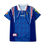 Elite Retro Kits France 1996 home football shirt in blue with tricolore sleeve stripes and classic lace-up collar.