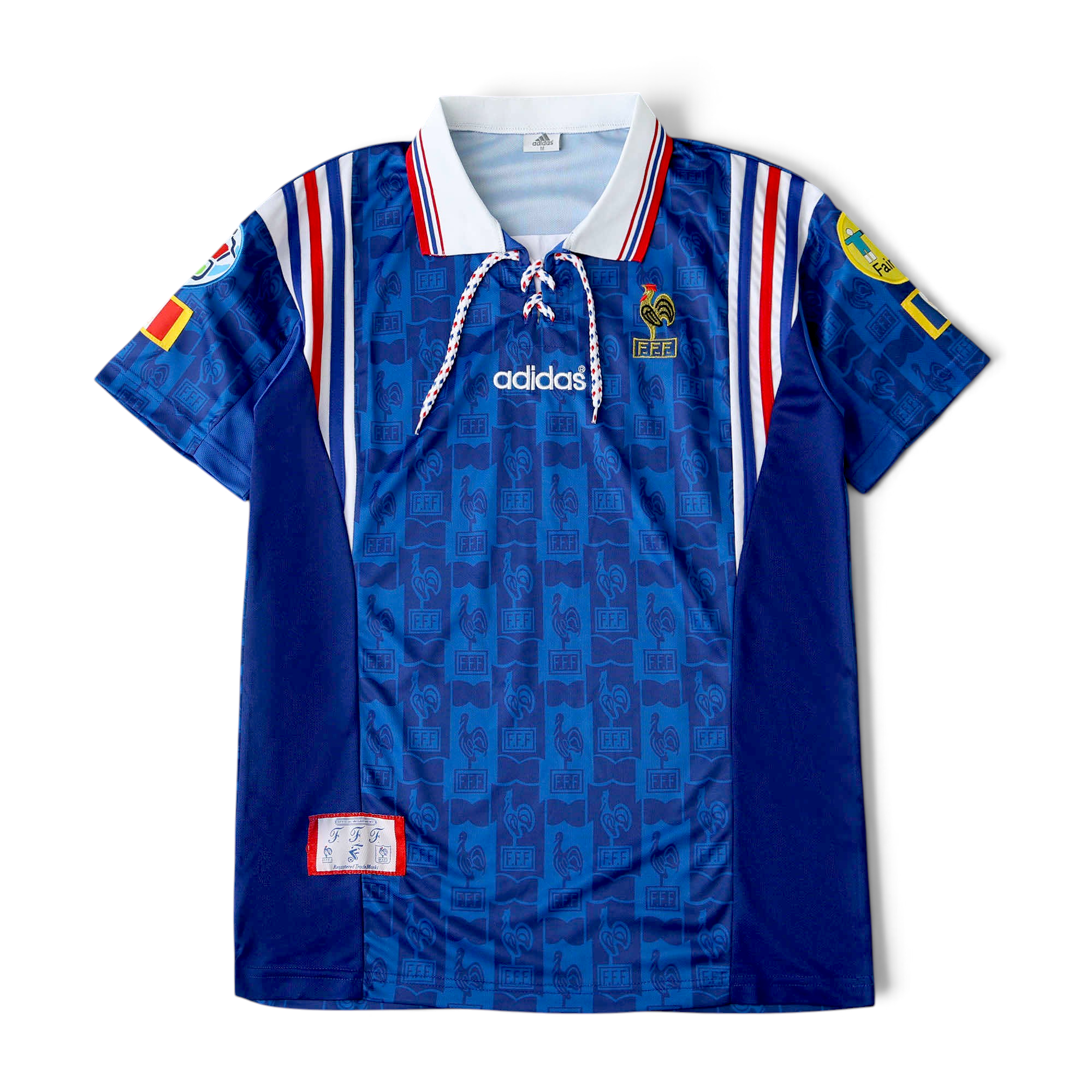 Elite Retro Kits France 1996 home football shirt in blue with tricolore sleeve stripes and classic lace-up collar.