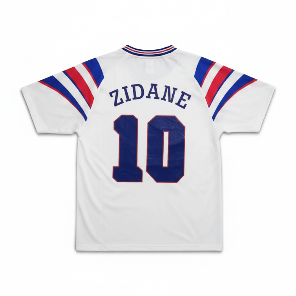 Elite Retro Kits France 1996 away jersey featuring Zidane number 10 on the back in white with blue and red accents