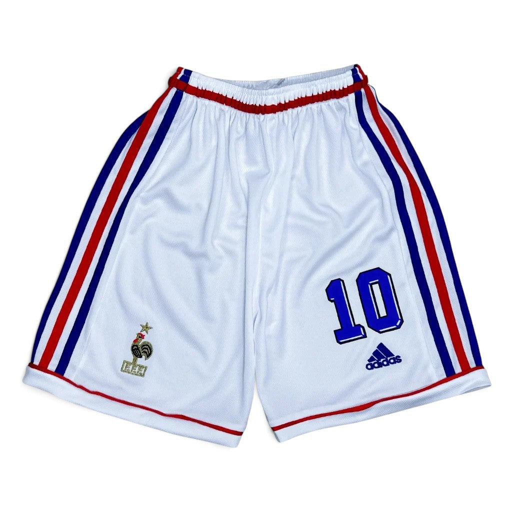 Elite Retro Kits France 1998 World Cup kids football shorts in white with blue and red stripes and number 10 detail