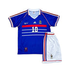 Elite Retro Kits France 1998 World Cup kids home kit featuring a blue jersey with number 10 and white tricolour shorts.