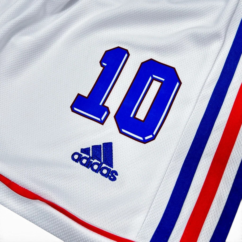 Elite Retro Kits France 1998 World Cup kids shorts in white with blue number 10, adidas logo, and tricolour stripes.