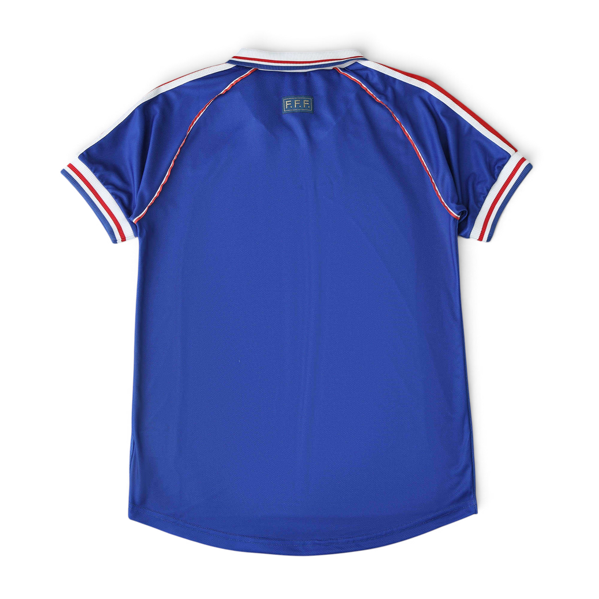 Elite Retro Kits France 1998 World Cup home football shirt in deep blue with red and white sleeve trim, back view.