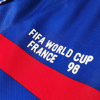 Elite Retro Kits France 1998 World Cup home shirt detail featuring white text on deep blue and red fabric