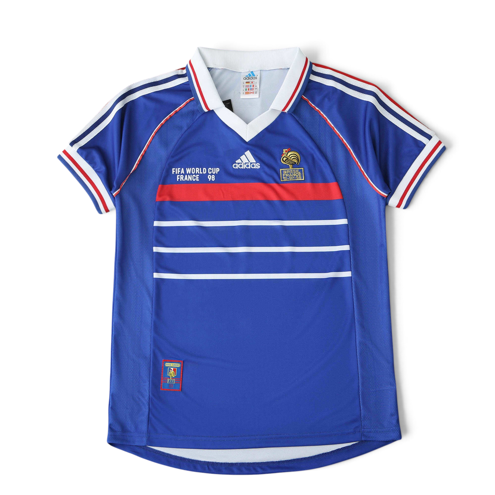 Elite Retro Kits France 1998 World Cup home shirt in deep blue with white collar, red stripe, and cockerel crest.