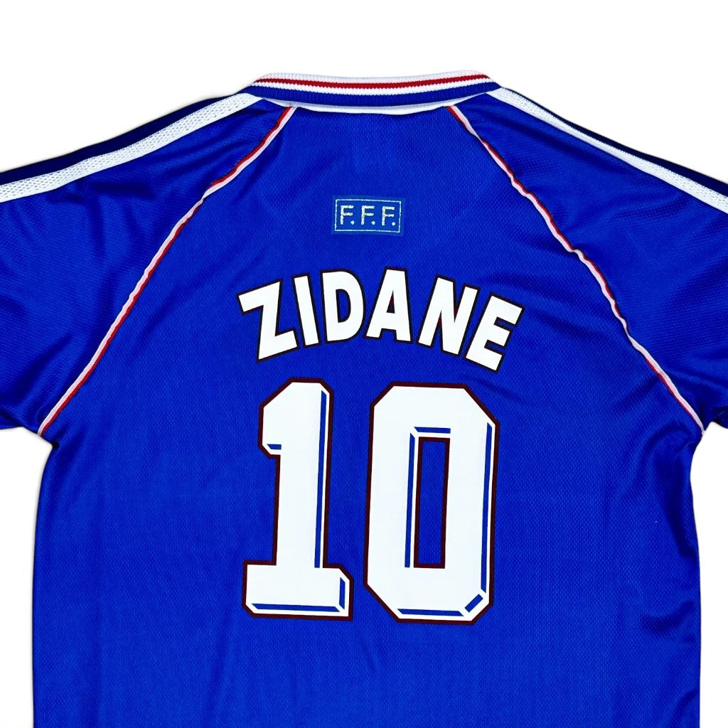 Elite Retro Kits France 1998 World Cup kids home shirt with Zidane 10 print in deep blue with tricolour trim