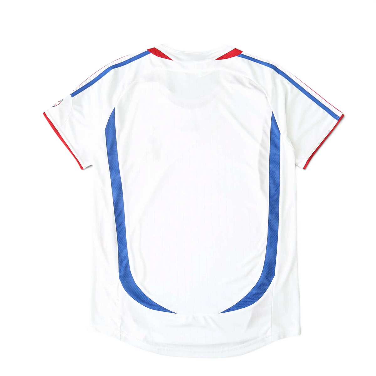 Elite Retro Kits France 2006 away football shirt in white with blue side panels and red trim, back view.