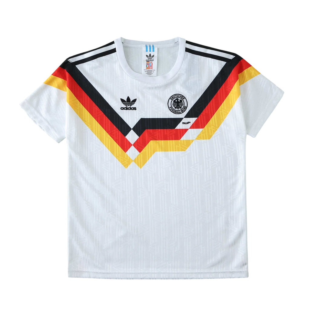 Elite Retro Kits Germany 1990 World Cup kids home jersey in white with iconic black, red, and gold chest graphic