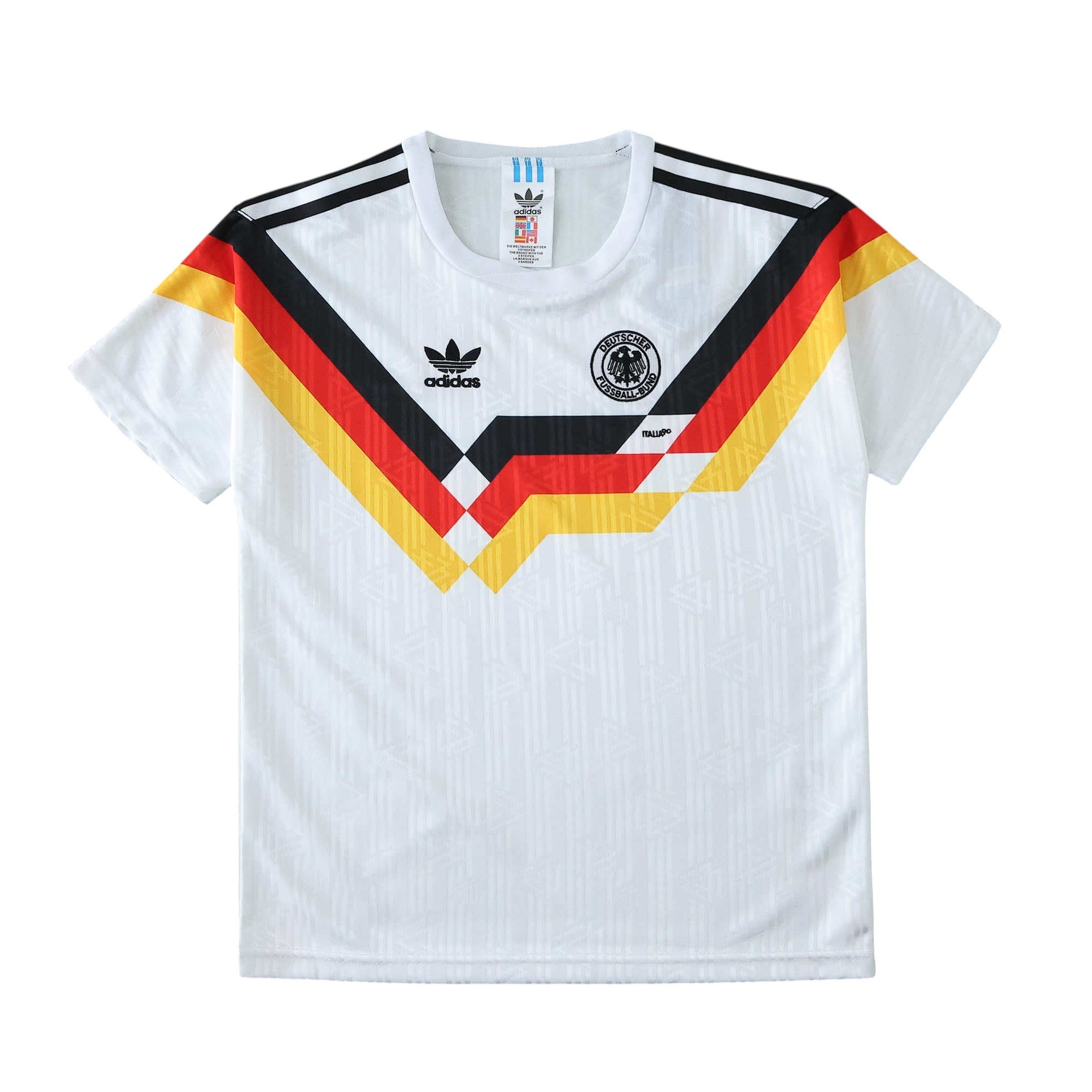 Elite Retro Kits Germany 1990 World Cup kids home jersey in white with iconic black, red, and gold chest graphic