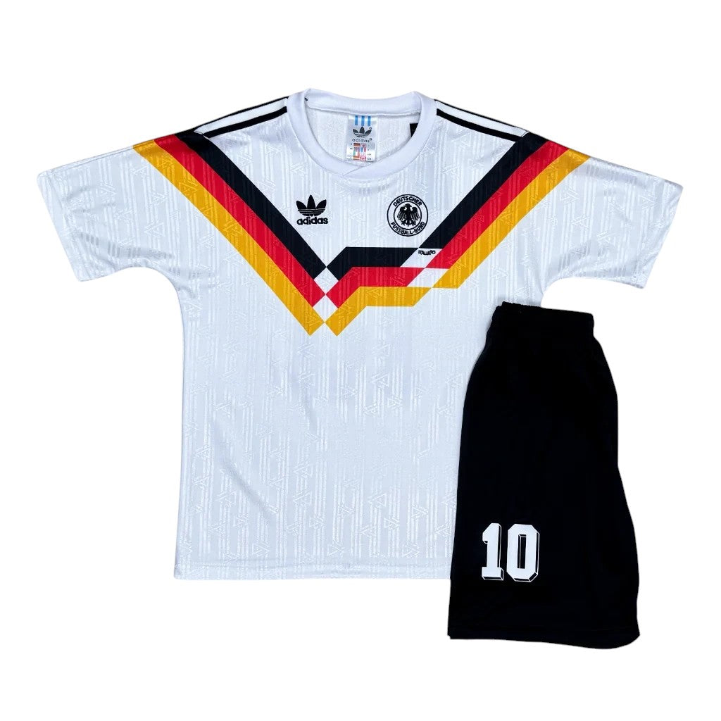 Elite Retro Kits Germany 1990 World Cup kids home kit featuring a white jersey with iconic black red and gold graphic