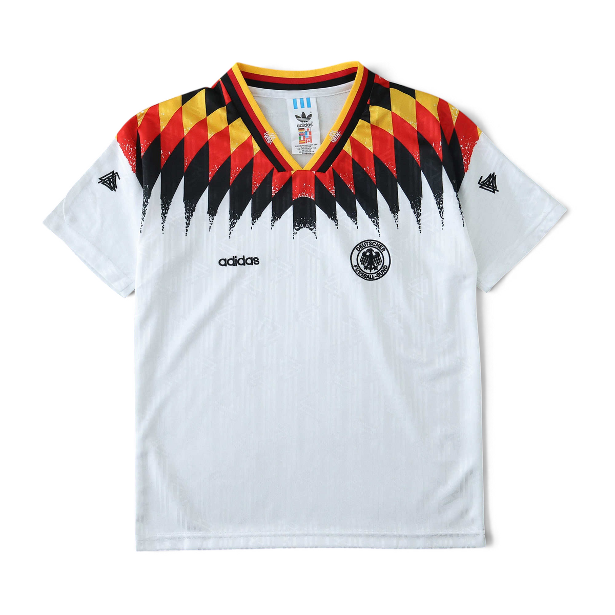 Elite Retro Kits Germany 1994 kids home football jersey in white with iconic black, red, and yellow graphic pattern