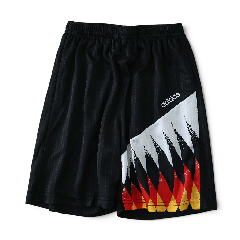 Elite Retro Kits kids Germany 1994 home shorts in black with white, red, and yellow graphic detail and adidas logo
