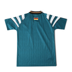 Elite Retro Kits Germany 1996 away football shirt in green with black, red, and gold collar detail, back view.