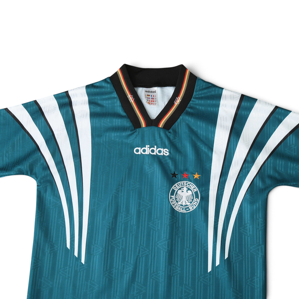 Elite Retro Kits Germany 1996 away football shirt in green with black, red, and gold collar and DFB eagle crest.