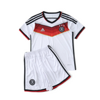 Elite Retro Kits Germany 2014 home kids football kit featuring a white jersey with red and black chest graphic.